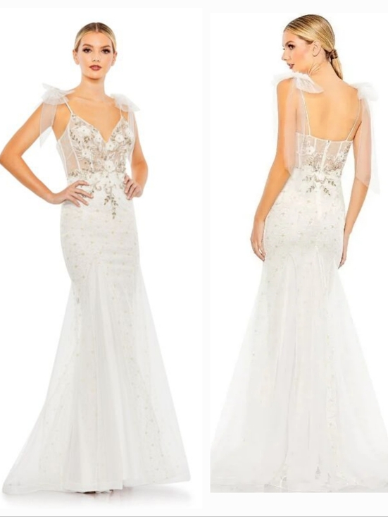 Mac Duggal Dresses & Skirts - Mac Duggal White And Gold Crystals Tulle Bridal Mermaid Gown with Bow Straps